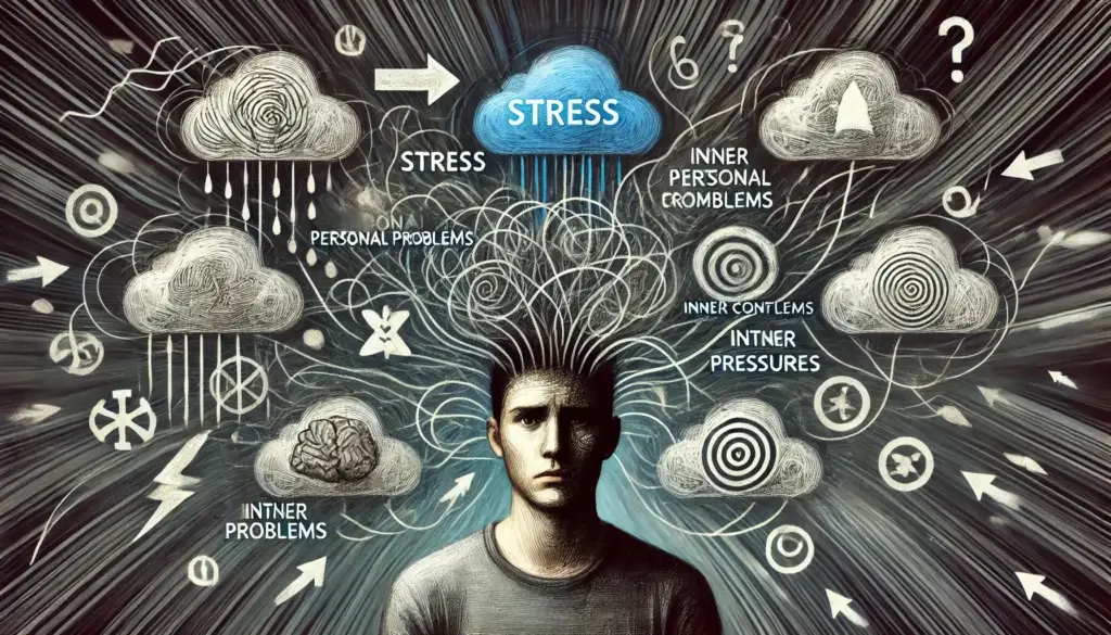 Eine Person, umgeben von Symbolen wie Wolken, Linien und Konflikten, die emotionale Verwirrung verursachen.