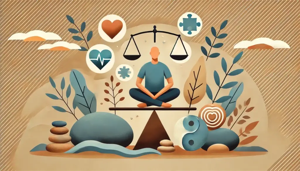 Person in meditativer Haltung, umgeben von Symbolen für emotionale Balance wie Herz, Waage und Yin-Yang.
