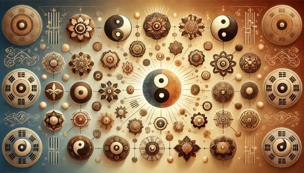 Verschiedene kulturelle Symbole wie Yin-Yang und Mandalas, die Ansätze zur emotionalen Klarheit darstellen.