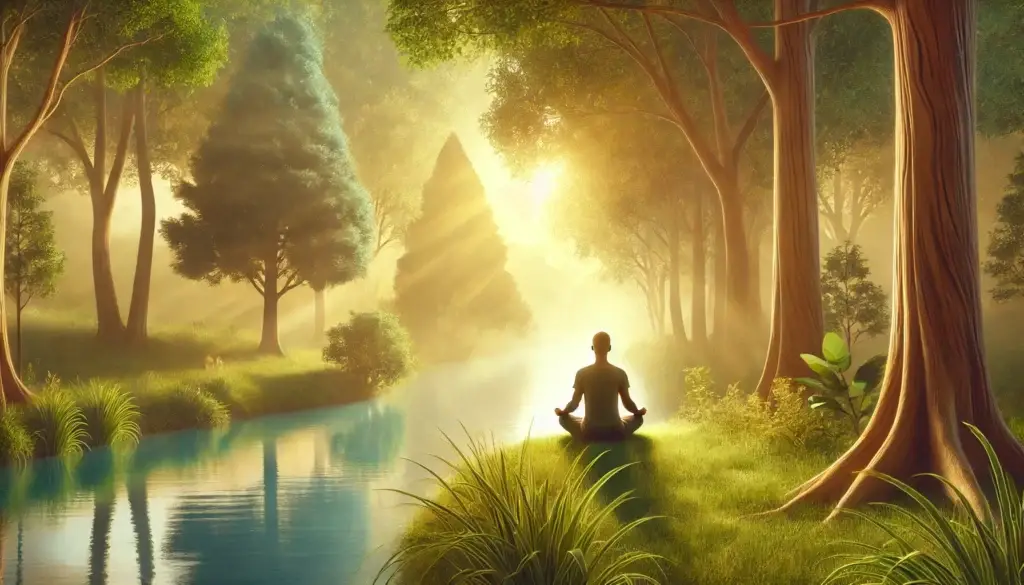 Eine Person meditiert in einer friedlichen Natur, umgeben von einem ruhigen Fluss und Bäumen, symbolisiert emotionale Klarheit und inneren Kompass.