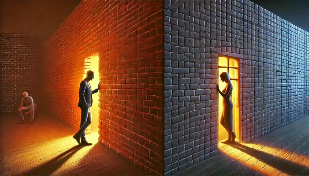 Zwei Menschen stehen getrennt durch eine unsichtbare Wand, was emotionale Unsicherheit und emotionale Blockaden symbolisiert.