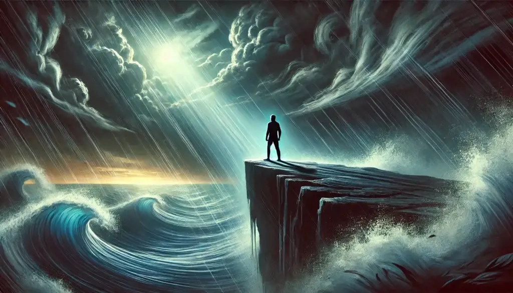 Eine Person steht fest auf einer Klippe, trotzt dem Sturm und symbolisiert emotionale Blockaden und die Fähigkeit zur Stressbewältigung.