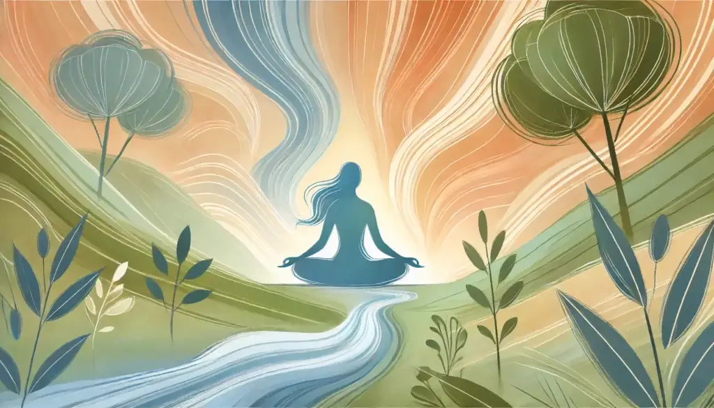 Achtsamkeitsmeditation: Eine meditierende Figur in einer friedlichen Landschaft, die inneren Frieden, Gelassenheit, bewusstes Atmen und Achtsamkeit symbolisiert.