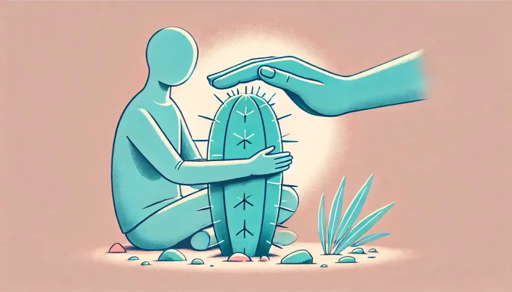 Eine stilisierte Figur umarmt einen stacheligen Kaktus, was symbolisch für den Umgang mit schmerzhaften Emotionen steht. Die Darstellung zeigt, wie Radikale Akzeptanz und Achtsamkeit dabei helfen, schwierige Situationen zu akzeptieren.