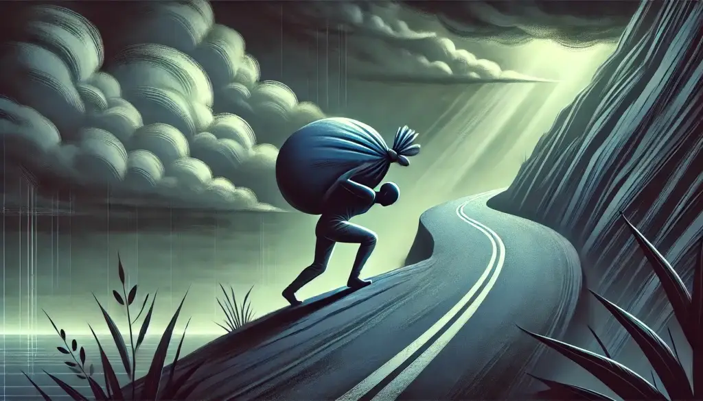 Eine Person trägt einen schweren Sack den Berg hinauf, was den schwierigen Weg symbolisiert, den radikale Akzeptanz erfordert, indem sie Belastungen und Herausforderungen des Lebens annimmt.