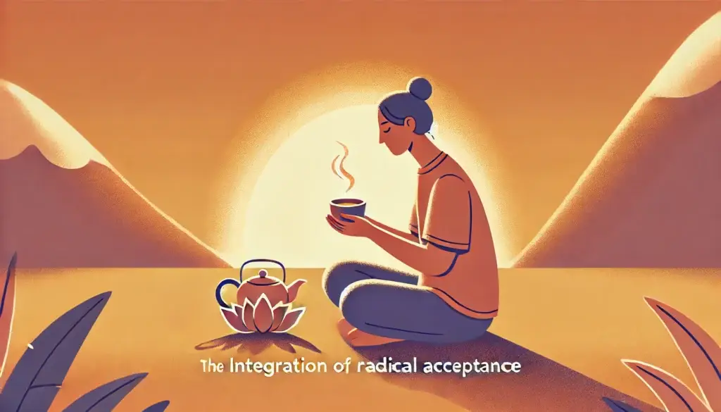Eine Person sitzt in meditativer Haltung bei Sonnenuntergang und hält eine Tasse Tee, was Achtsamkeit und radikale Akzeptanz symbolisiert, indem sie den Moment bewusst wahrnimmt und alles bedingungslos annimmt.