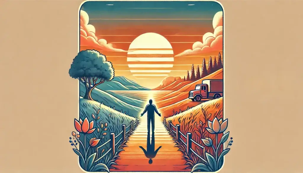 Eine Person steht auf einem Weg in Richtung Sonnenuntergang, was radikale Akzeptanz symbolisiert, indem sie ihren Weg und das Leben mit all seinen Herausforderungen bedingungslos annimmt.