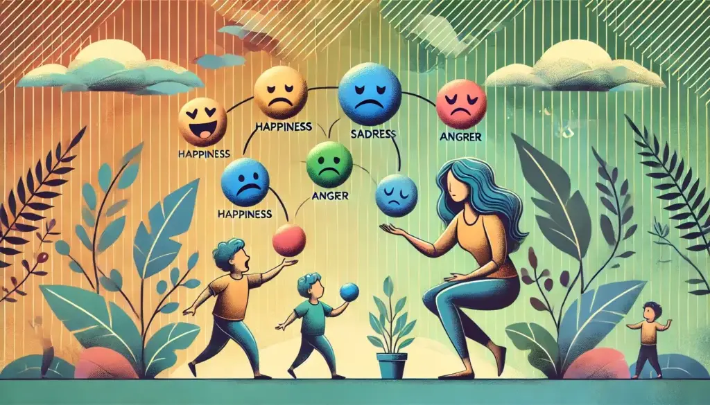 Eine stilisierte Illustration von Kindern und Erwachsenen, die Emotionen wie Freude, Traurigkeit, Wut und Verwirrung in Form von bunten Bällen jonglieren. Diese Darstellung symbolisiert, wie emotionale Fitness durch Kindheitserfahrungen geformt wird.