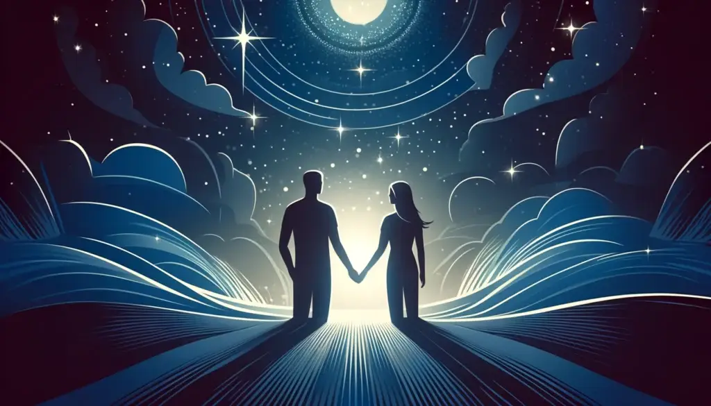 Zwei Personen halten sich bei der Hand unter einem Sternenhimmel, was emotionale Nähe, Vertrauen und Verbindung symbolisiert.