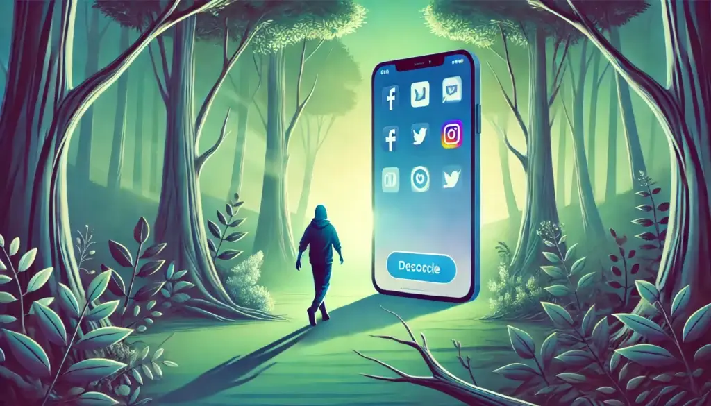 Eine Person geht von einem großen Smartphone in einen ruhigen Wald, was symbolisiert, wie man sich von Social-Media-Toxizität und digitaler Überlastung löst, um emotionale Heilung zu finden.