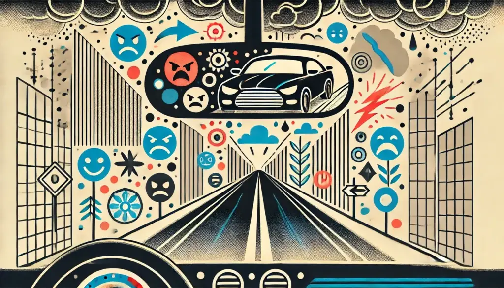 Ein Auto steckt im dichten Verkehr fest, umgeben von Symbolen für Wut, Frustration und Traurigkeit. Das Bild symbolisiert emotionale Blockaden und den Rückschritt in der emotionalen Reife.