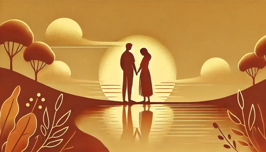 Emotionale Nähe: Ein Paar steht am See und hält Händchen, symbolisiert durch den Sonnenuntergang und die emotionale Verbindung zwischen ihnen