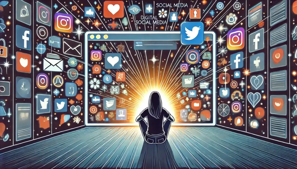 Emotionale Heilung: Eine Person sitzt vor einem Bildschirm voller sozialer Medien-Icons, die Social-Media-Toxizität der digitalen Welt symbolisierend.