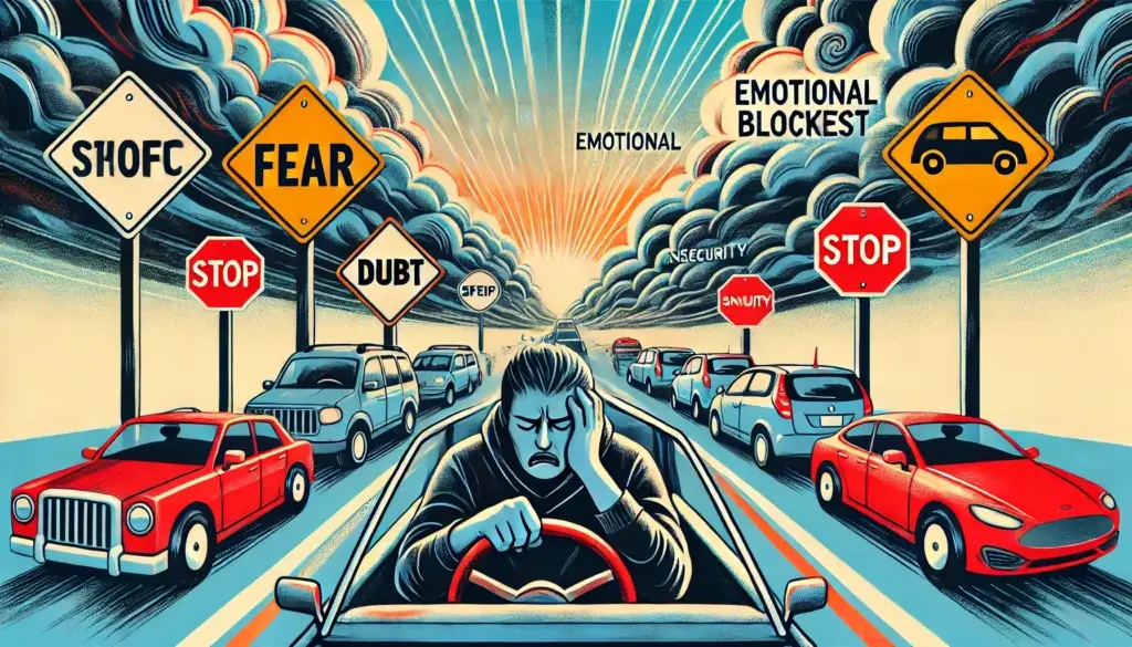 Emotionale Reife: Eine Person im Stau umgeben von Schildern, die emotionale Blockaden darstellen, symbolisiert den inneren Kampf und die Suche nach Balance