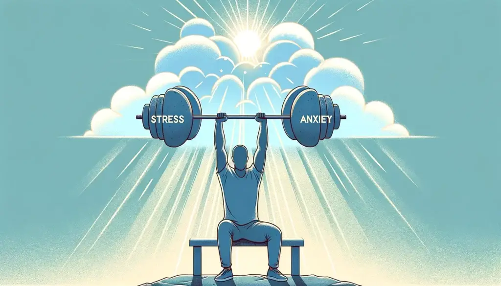 Emotionale Fitness: Eine Person hebt Gewichte, die Stress und Angst symbolisieren, während die Sonne Hoffnung und Stärke ausstrahlt.