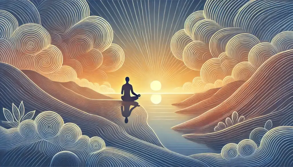 Selbstmitgefühl: Ein sonnendurchfluteter Weg mit Pflanzen und Lotusblumen, der Selbstreflexion, Gelassenheit, Achtsamkeitsmeditation und Achtsamkeitspraxis symbolisiert.