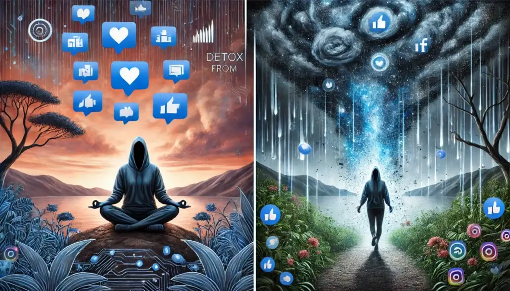 Eine Person geht aus einem dunklen digitalen Sturm mit negativen Kommentaren und Benachrichtigungen heraus in eine helle, ruhige Landschaft. Die Darstellung symbolisiert die Befreiung von der toxischen Umgebung von Social Media und das Finden von emotionaler Gesundheit.