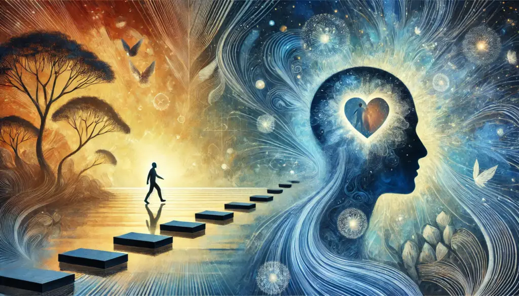 Der Weg zur inneren Gelassenheit: Ein Mensch schreitet auf einem Steinweg, der zu einem strahlenden Horizont führt. Das Bild symbolisiert Achtsamkeit, innere Ruhe und die Verbindung zwischen Verstand und Herz.