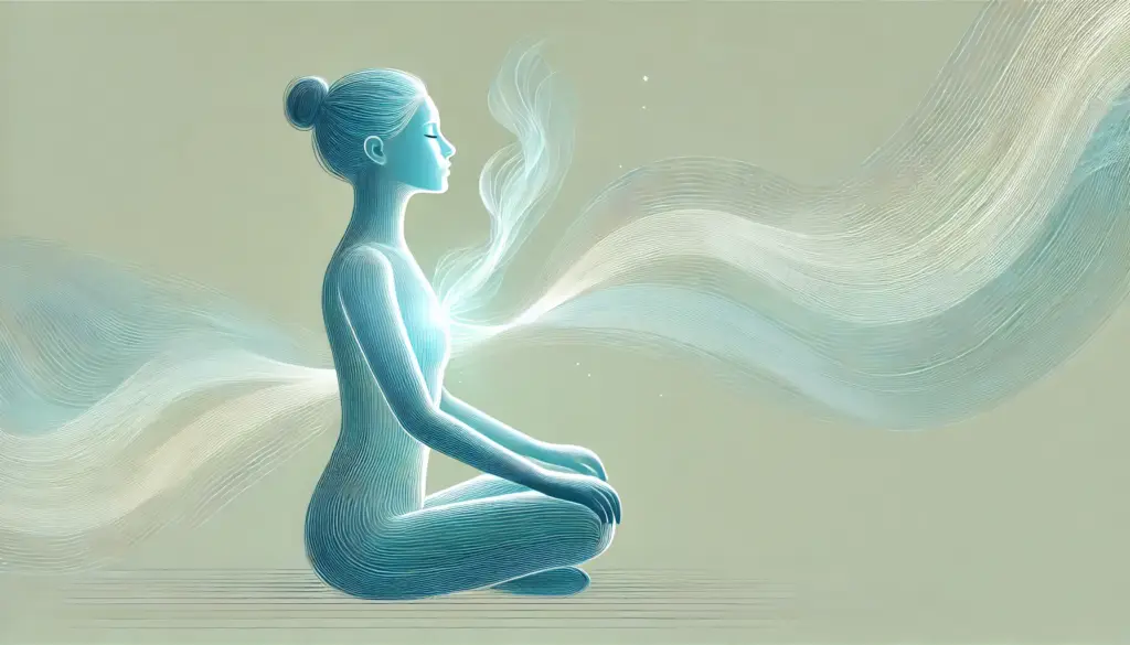 Achtsames Atmen: Eine meditierende Figur praktiziert Achtsamkeit mit sanften, fließenden Linien, die Atem, Achtsamkeitsübung und innere Ruhe symbolisieren.