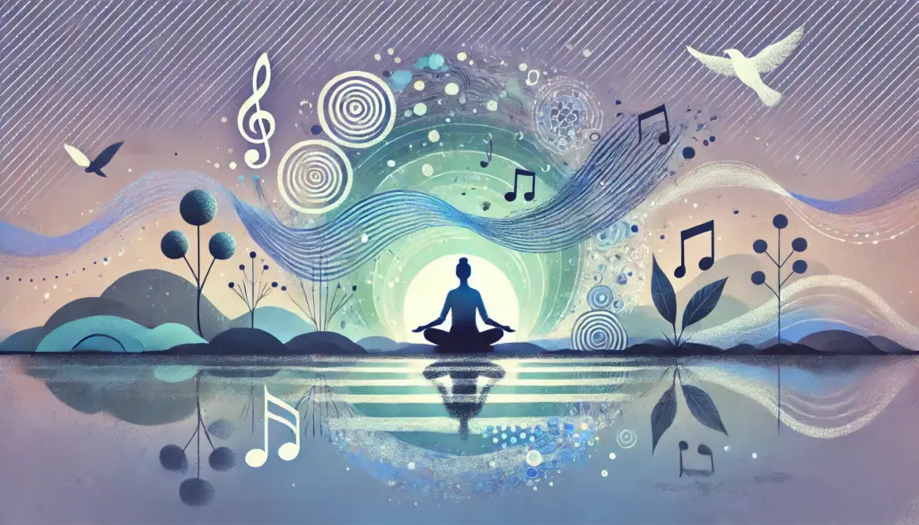 Achtsames Hören: Ein meditierender Mensch umgeben von Musiknoten und Pflanzen, die Achtsamkeit, bewusstes Atmen und bewusstes Wahrnehmen symbolisieren.