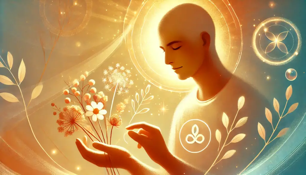 Bewusste Dankbarkeit: Ein meditierender Mensch, der Blumen in seinen Händen hält, umgeben von Licht, das Achtsamkeit, Gelassenheit, bewusste Dankbarkeit und inneren Frieden symbolisiert.