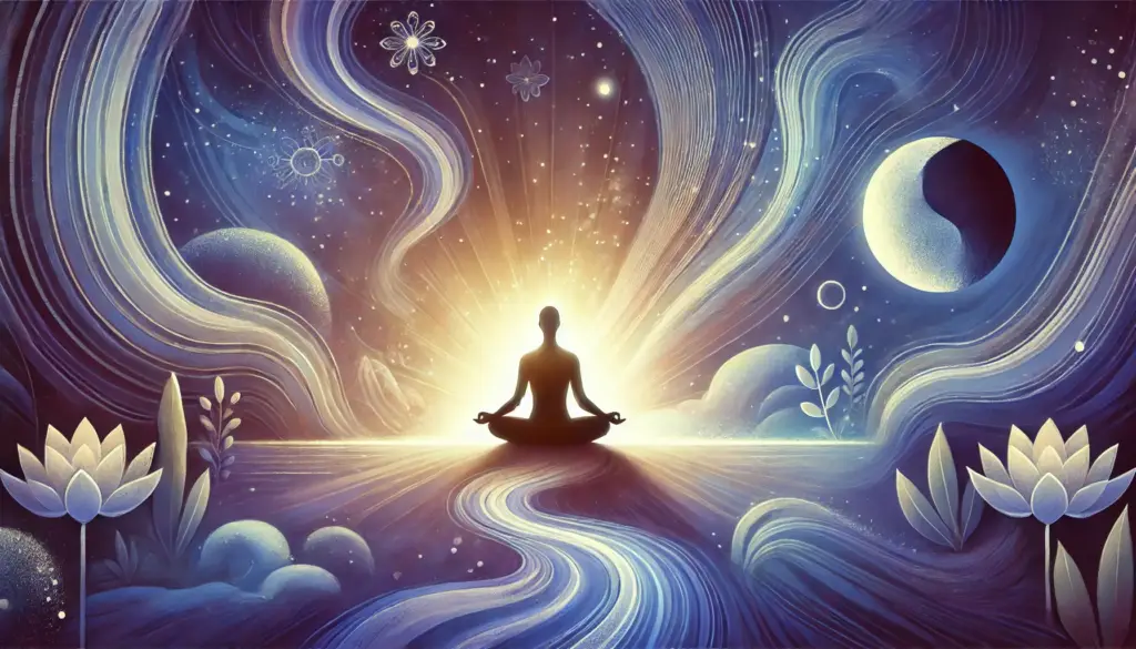 "Meditation und Achtsamkeit: Silhouette eines meditierenden Wesens, umgeben von spiralförmigen Mustern und Pflanzen, die Gelassenheit und innere Ruhe symbolisieren. Achtsamkeitsübungen fördern das innere Gleichgewicht."