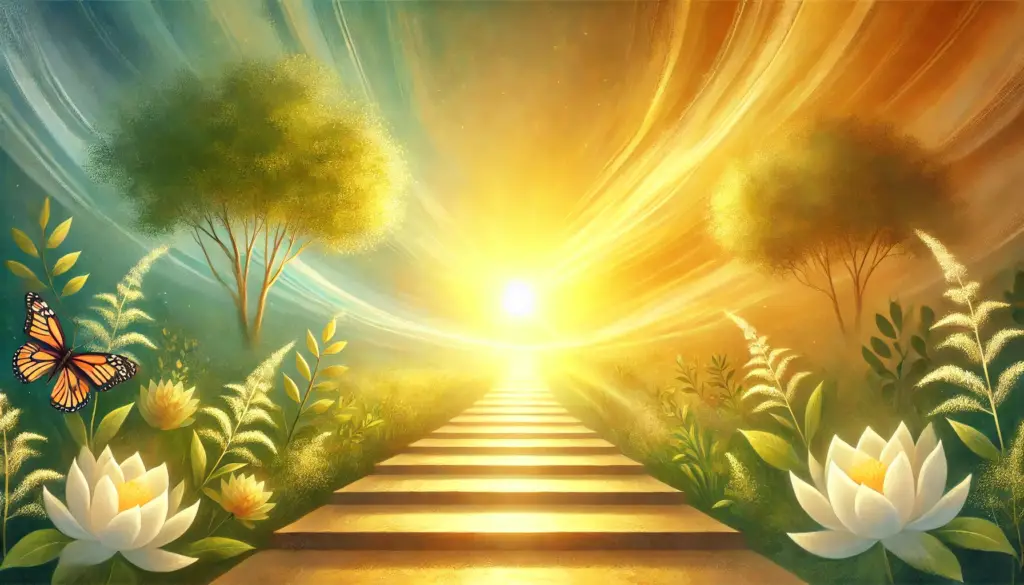 Selbstmitgefühl: Ein sonnendurchfluteter Weg mit Pflanzen und Lotusblumen, der Selbstreflexion, Gelassenheit, Achtsamkeitsmeditation und Achtsamkeitspraxis symbolisiert.