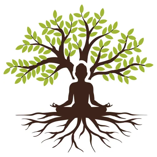 Eine Person sitzt meditierend unter einem Baum mit ausladenden Ästen und tiefen Wurzeln, die Wachstum und innere Balance symbolisieren.