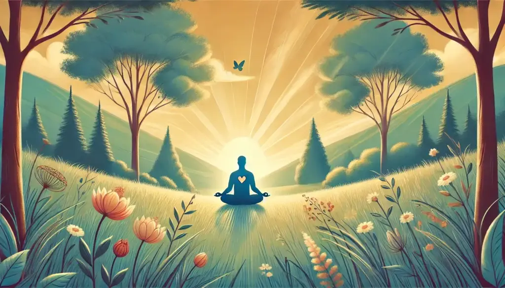 Eine Illustration einer Person, die in einer ruhigen Naturlandschaft auf einer grünen Wiese sitzt. Sie meditiert mit einer Hand auf dem Herzen und der anderen auf dem Kopf, um die Verbindung „vom Kopf ins Herz“ zu symbolisieren. Die Umgebung ist friedlich, mit sanften Hügeln, blühenden Blumen und weichem Licht, das durch die Bäume fällt. Das Bild steht für Achtsamkeitsübungen, Meditation, Selbstreflexion und innere Ruhe im Alltag, sowie Achtsamkeitspraxis und bewusstes Atmen zur Förderung von Gelassenheit und innerer Balance.