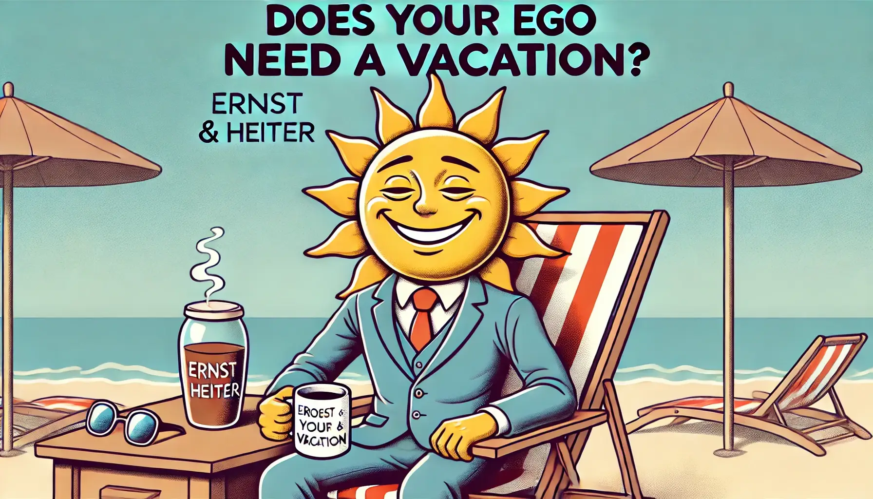 Illustration einer lächelnden Sonne im Anzug, die symbolisch für das Ego eine Pause auf einem Strandstuhl genießt; ideal für humorvolle Einblicke in Themen wie Ego und Selbstwert in der Rubrik ‚Ernst & Heiter‘.