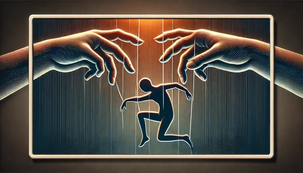 Die Illustration zeigt zwei übergroße Hände, die Fäden halten, an denen eine menschliche Figur wie eine Marionette hängt. Sie symbolisiert Manipulation in Beziehungen, emotionale Erpressung, Gaslighting und die Dynamik manipulativer Kontrolle.
