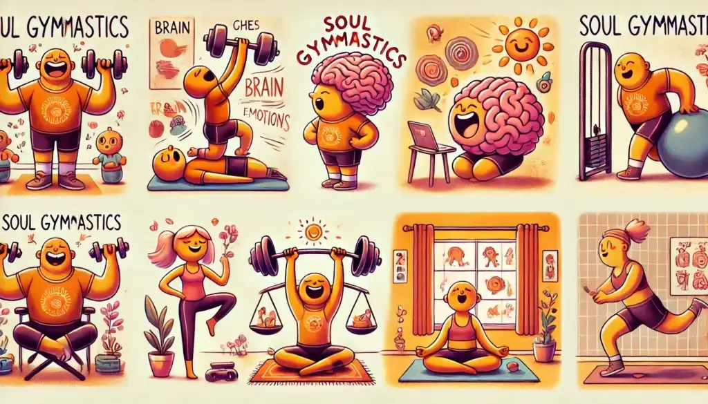 Illustration zum Blog „Seelen-Gymnastik: 5 Stretching-Übungen für Geist und Herz“ mit humorvollen Szenen, in denen Figuren mentale und emotionale Übungen wie ‚Mentales Stretching‘, das Balancieren von Emotionen, Meditation und das Loslassen belastender Gedanken durchführen. Die fröhlichen Charaktere zeigen die Wichtigkeit von Seelenpflege und Dankbarkeit und inspirieren zu einem spielerischen Ansatz für Freude und inneres Wachstum.