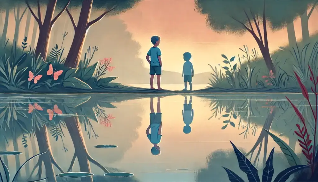 Ein Erwachsener und sein inneres Kind stehen sich am Ufer eines Sees gegenüber, reflektiert im Wasser, umgeben von Natur. Symbolisch für Kindheitstrauma und Partnerwahl, zeigt das Bild die Konfrontation mit alten Mustern und ungelösten Emotionen aus der Kindheit.