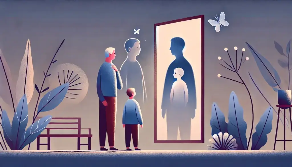 Ein Erwachsener sieht sich im Spiegel, begleitet von einem Kind, das ihn betrachtet. Die Illustration zeigt, wie Kindheitstrauma und unbewusste Beziehungsmuster die Partnerwahl beeinflussen und alte Muster in Partnerschaften prägen.