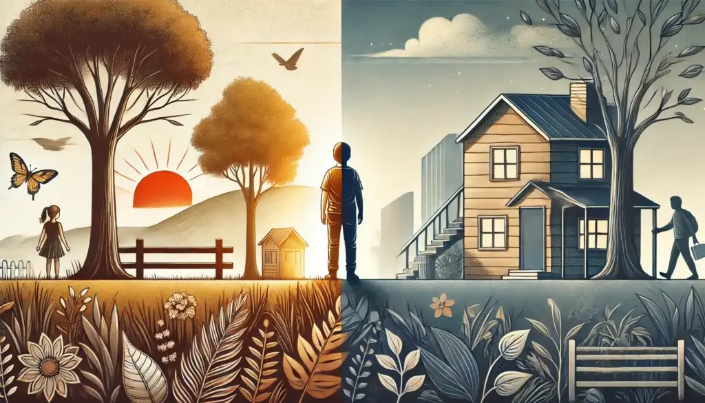 Illustration einer Person, die zwischen einer Kindheitslandschaft und einer Erwachsenenwelt steht, symbolisierend, wie Kindheitstrauma und Partnerwahl durch vertraute Muster, unerfüllte Bedürfnisse und ungesunde Beziehungsmuster beeinflusst werden.