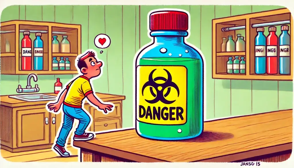 Illustration einer Person, die sich vorsichtig einer Flasche mit 'Gefahr'-Symbol nähert, symbolisch für die Anziehungskraft toxischer Beziehungen. Das Bild steht für ungesunde Beziehungsmuster und das Wiederholen schmerzhafter Dynamiken.