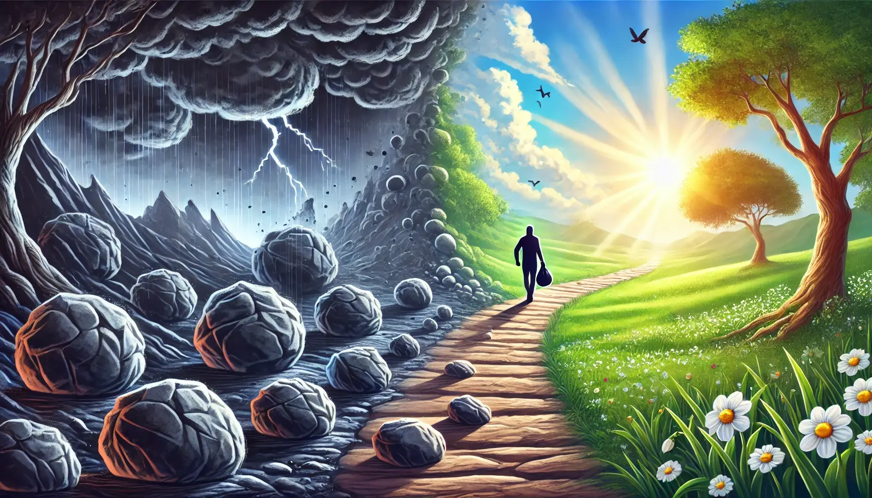 Eine Illustration, die SEIHKU symbolisiert: Ein Heilsystem, das Menschen hilft, emotionalen Ballast loszulassen. Der Weg führt von einer dunklen, steinigen Landschaft in eine helle, harmonische Umgebung, während eine Person symbolisch ihre Lasten hinter sich lässt.