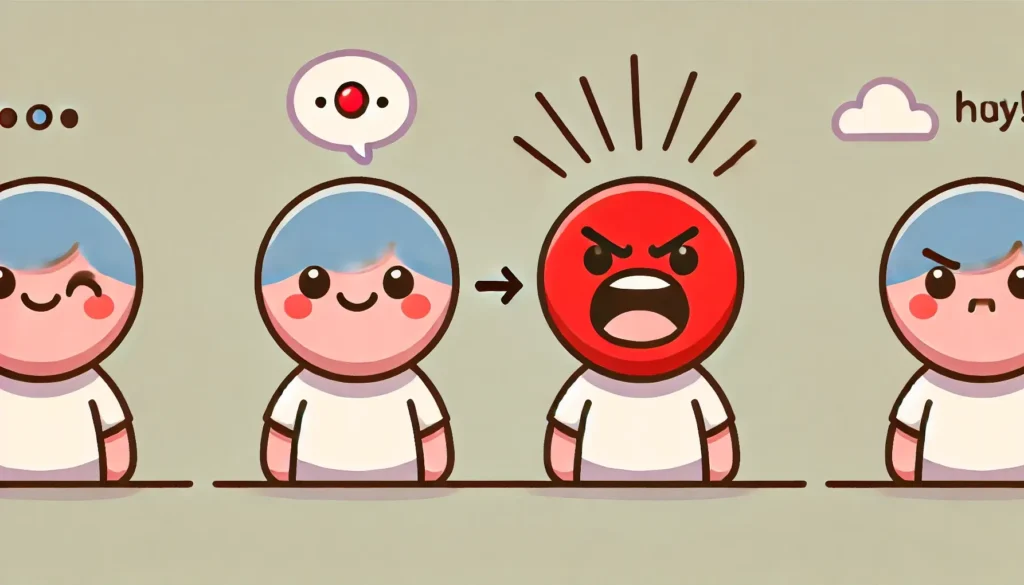 Minimalistische Illustration in Pastelltönen zeigt zwei Karikaturen, die eine Trigger-Dynamik in Beziehungen darstellen: Eine Figur spricht (offener Mund), während die zweite Figur mit einem roten Kopf Wut und emotionale Reaktion auf den Trigger symbolisiert. Die Illustration verdeutlicht, was Trigger in Beziehungen sind und wie sie Reaktionen auslösen.