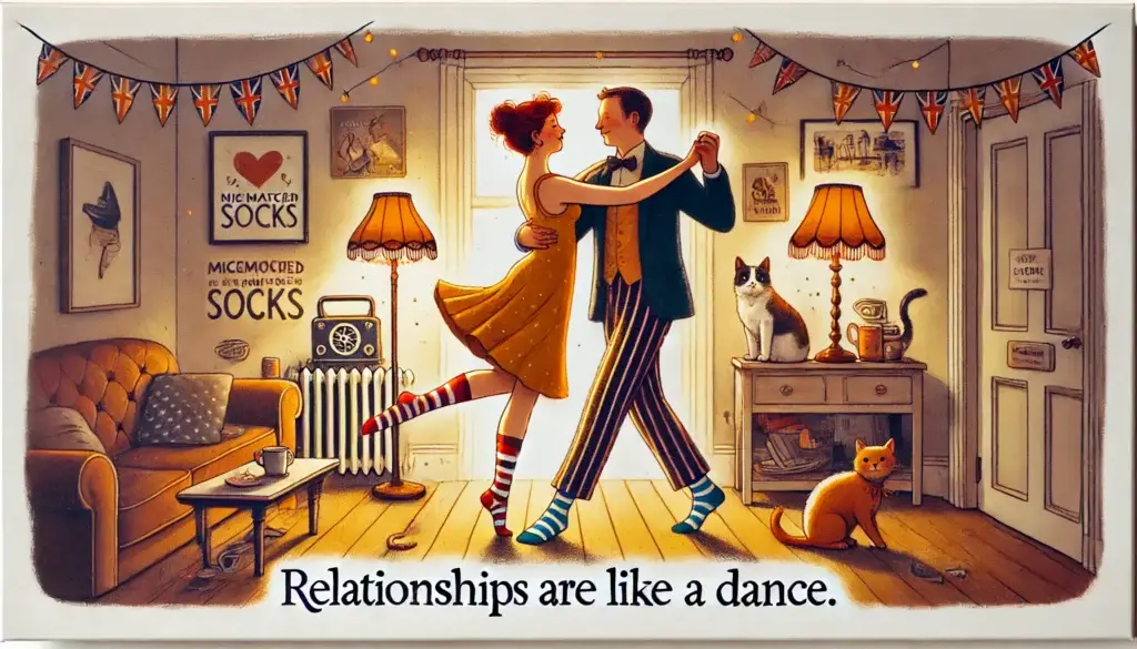 Illustration eines Paares, das tanzt: Die Partnerin gleitet harmonisch, während der Partner ungeschickt auf ihren Fuß tritt. Darstellung von Triggern in Beziehungen mit einer humorvollen Wohnzimmerkulisse, inklusive kleiner Details wie einer Katze und einem Plattenspieler. Text: ‚Beziehungen sind wie ein Tanz.