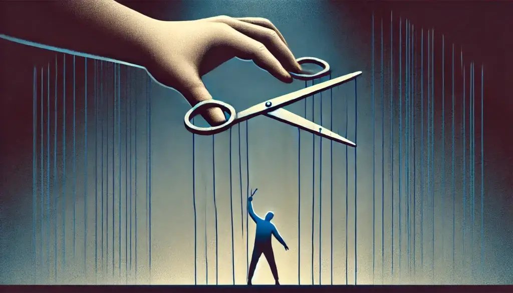 Manipulatives Verhalten in Beziehungen als Marionettenkontrolle, eine große Hand hält die Fäden einer Figur, die versucht, sich zu befreien. Das Bild symbolisiert emotionale Erpressung und Gaslighting.