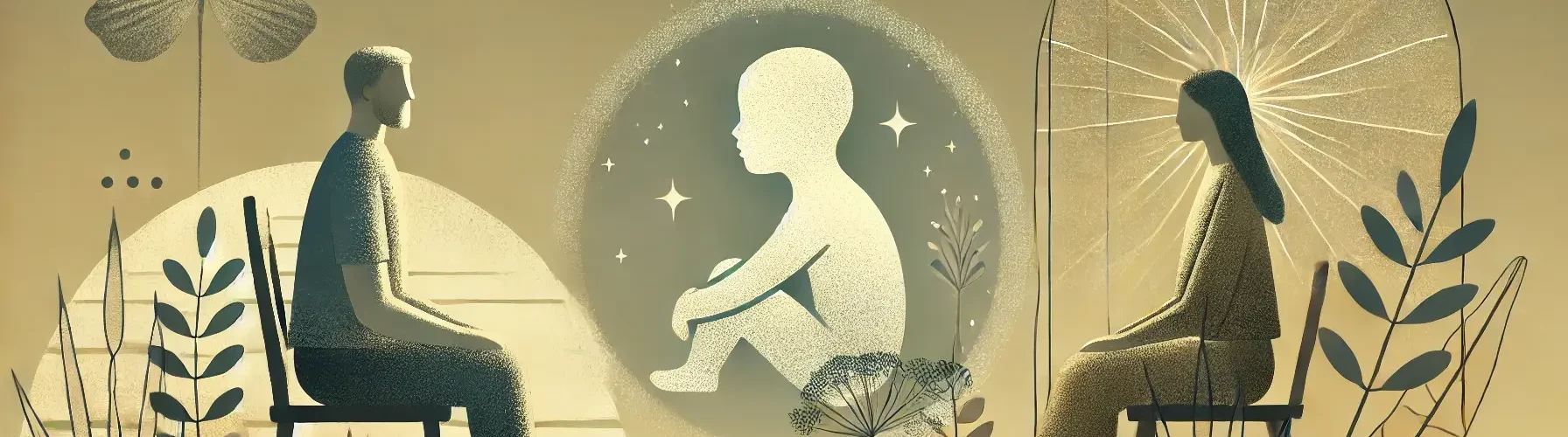 Illustration eines Paares, das sich gegenüber sitzt, mit einem inneren Kind zwischen ihnen, symbolisierend, wie Kindheitstrauma und Partnerwahl durch unerfüllte Bedürfnisse und den Einfluss des inneren Kindes auf die Beziehung geprägt werden.
