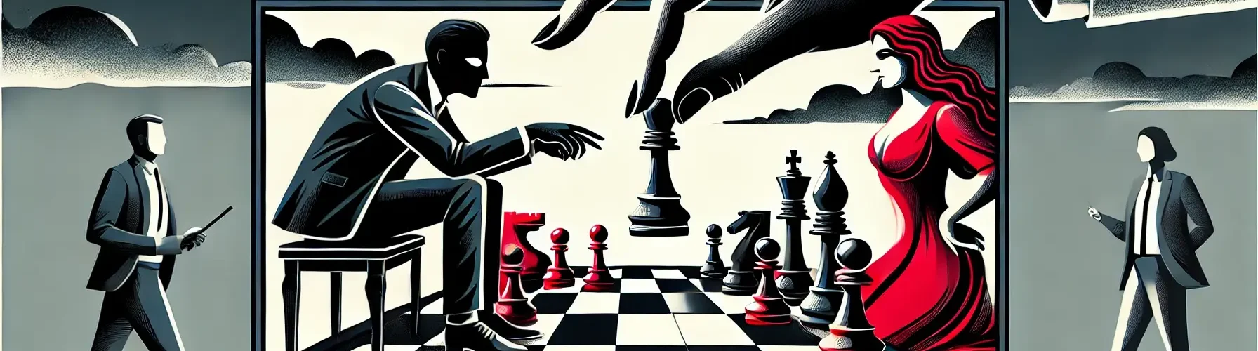 Manipulation in Beziehungen durch Machtspiele, dargestellt als Schachspiel. Eine Hand greift nach einer Figur, während ein Mann und eine Frau gegeneinander antreten, was manipulative Kontrolle und toxische Dynamiken symbolisiert.