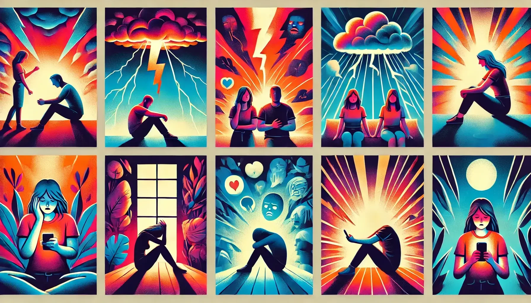 Illustration von Triggern in Beziehungen, mit Symbolen wie zerbrochenen Herzen, Uhren und einer Figur mit beleuchtetem Herz, die alte Muster und emotionale Reaktionen auf Trigger darstellen. Keywords: Trigger in Beziehungen, Beispiele für Trigger, alte Muster, Trigger verstehen, Reaktionen auf Trigger.