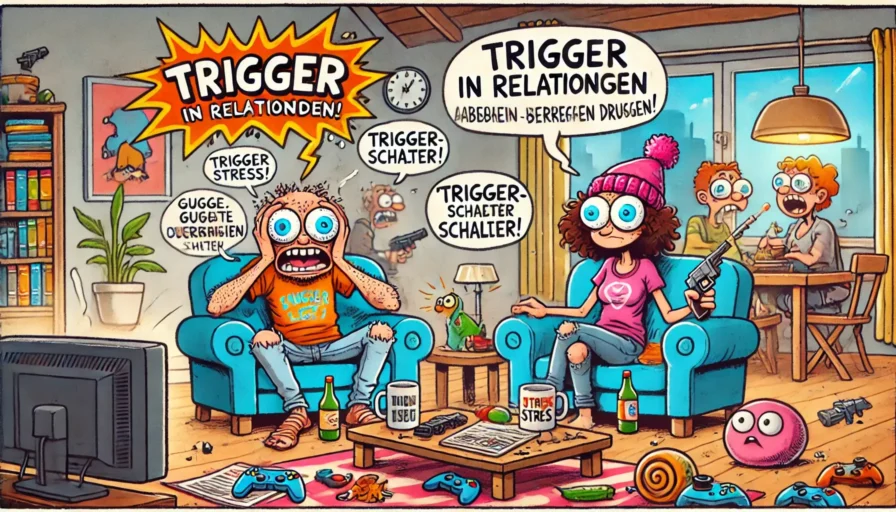 Ein humorvoller Cartoon über Trigger in Beziehungen: Ein Paar sitzt in einem chaotischen Wohnzimmer und reagiert übertrieben aufeinander. Texte wie 'Trigger-Schalter!' und 'Trigger-Stress!' unterstreichen die emotionalen Auslöser im Alltag.