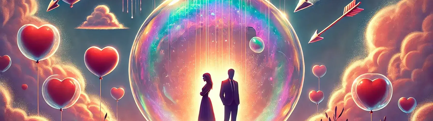 DALL·E 2024-11-20 01.55.45 - A rectangular illustration showing a couple standing together in a large, shimmering bubble. Outside the bubble, symbolic triggers like arrows and sto
